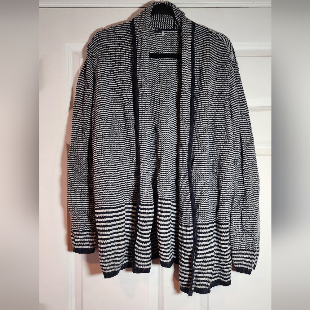 Navy Blue And White Striped Open Front Knit Cardigan Sweater